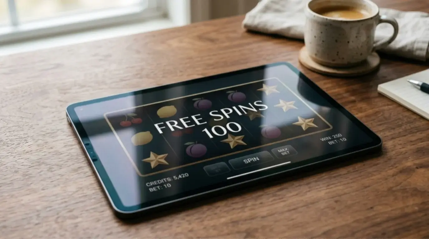 Online slot reels displaying free spin symbols representing a bonus free spin offer at a non-GamStop casino