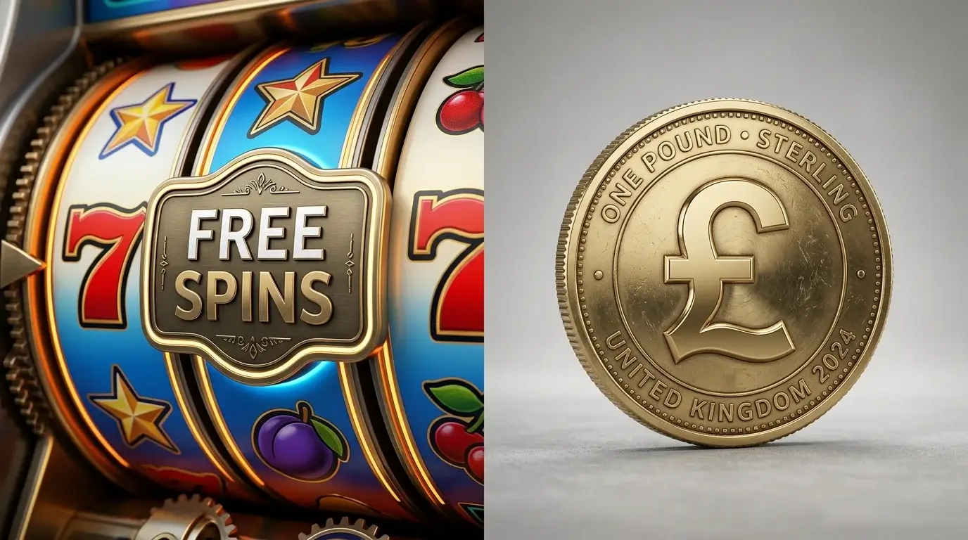 Side-by-side illustration showing a slot reel with a free-spins badge next to a stylised bonus credit token