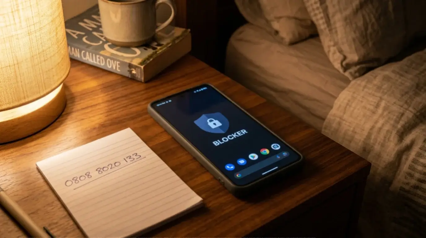 Smartphone home screen showing a gambling-block application icon next to a helpline number written on a notepad