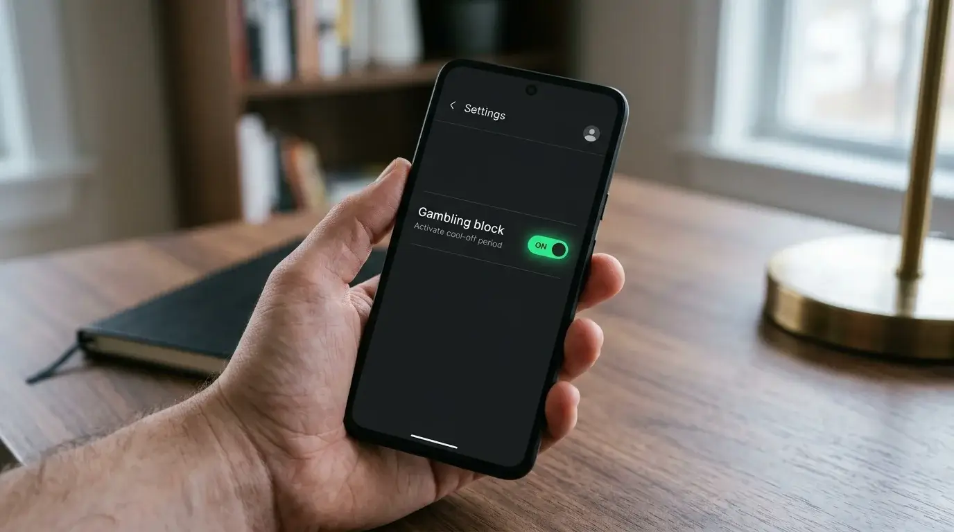 Mobile banking app settings screen with a gambling block toggle visible