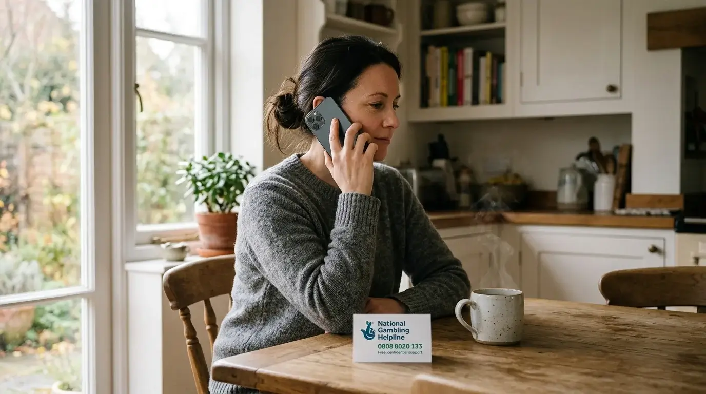 Person taking a confidential call to the National Gambling Helpline operated by GamCare for advice and support