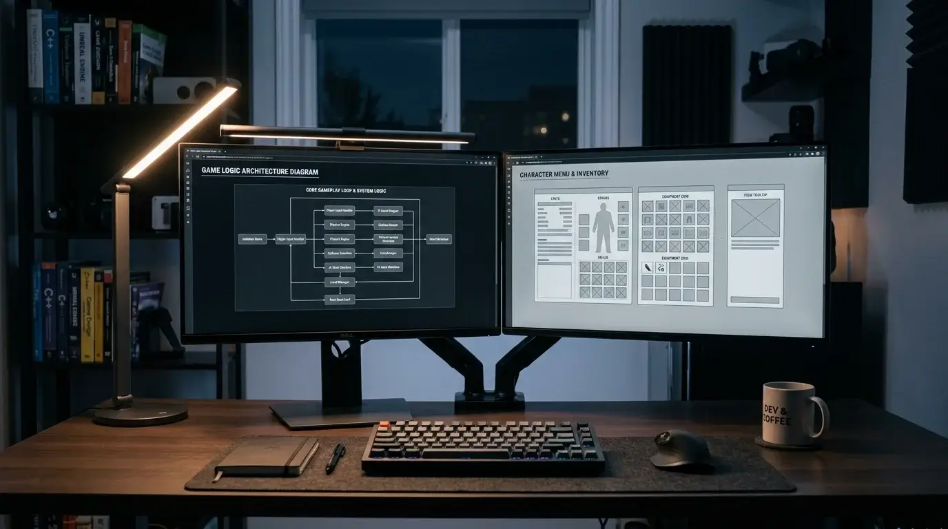Slot game developer workspace with dual monitors showing schematic game design diagrams