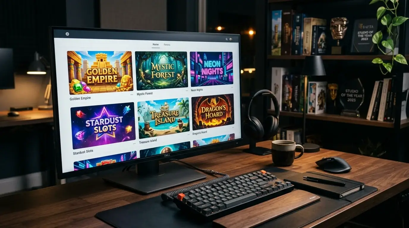 Monitor showing portfolio thumbnails of slot titles in a quiet studio office