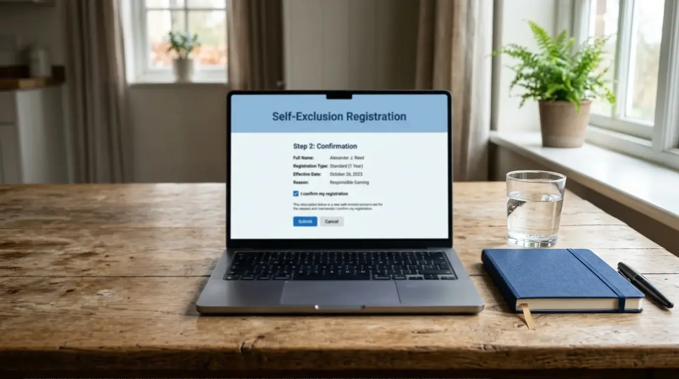 Laptop screen open on a self-exclusion registration page with a notebook and pen beside it