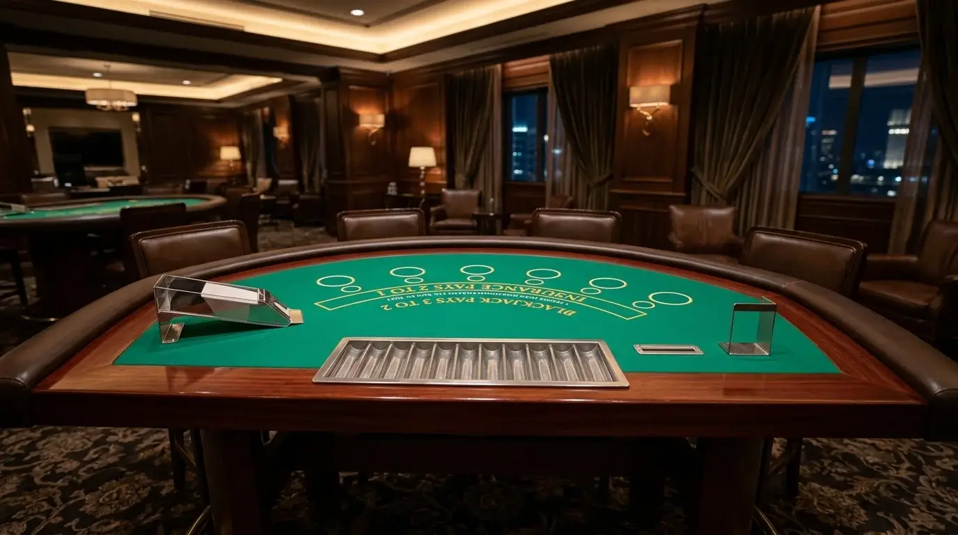 Empty high-limit blackjack table with card shoe and dealer chip rack in a salon-style room