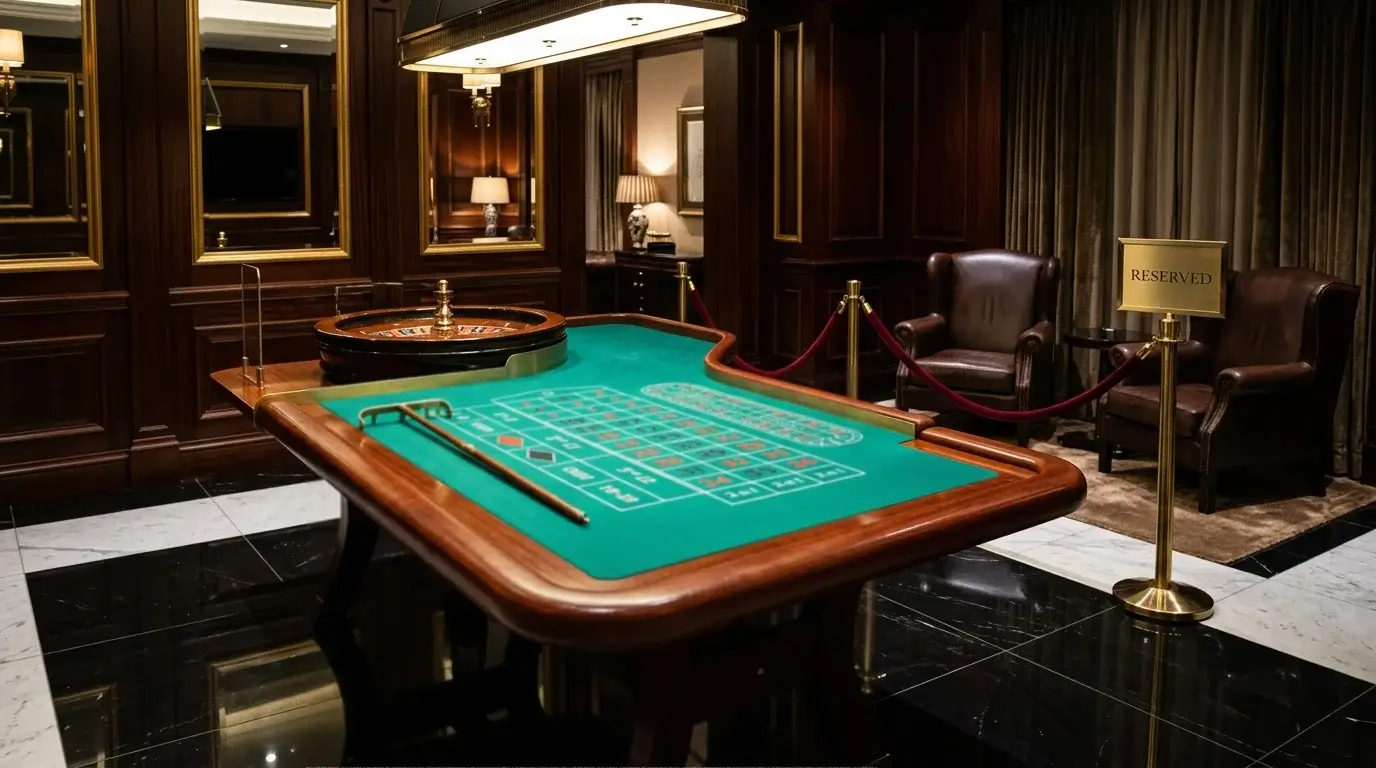 Private high-stakes gaming suite with single roulette table and reserved seating
