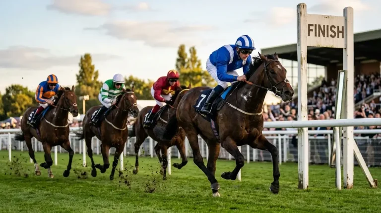Horse racing finish straight at full gallop with field of runners on turf at British racecourse