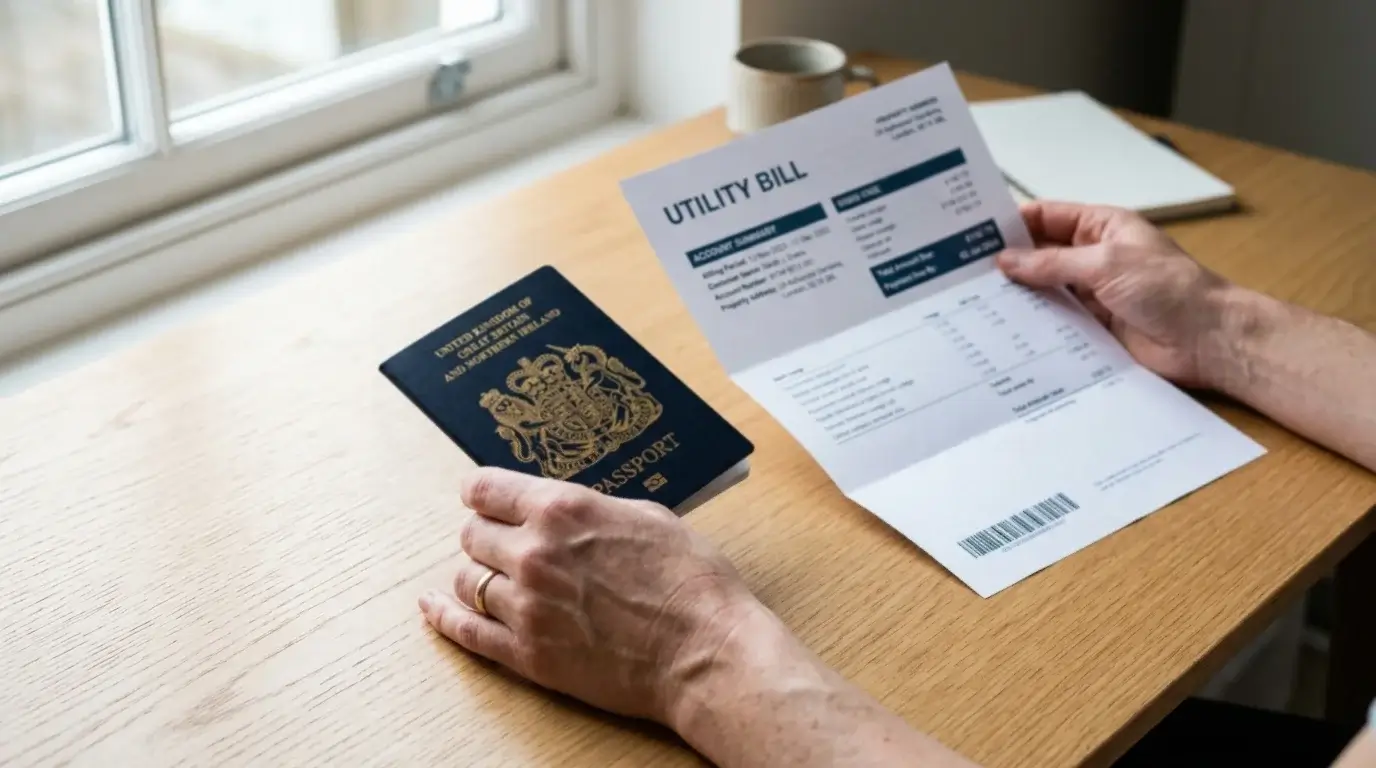 Hands holding a passport and a utility bill on a clean desk during identity verification