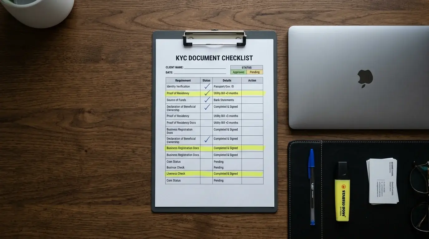 Printed compliance checklist with ticked items on clipboard beside a closed laptop
