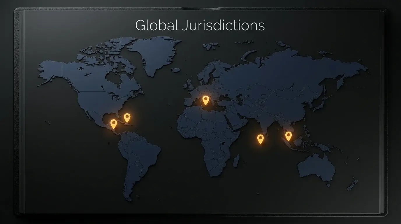Stylised world map with subtle markers highlighting offshore licensing jurisdictions