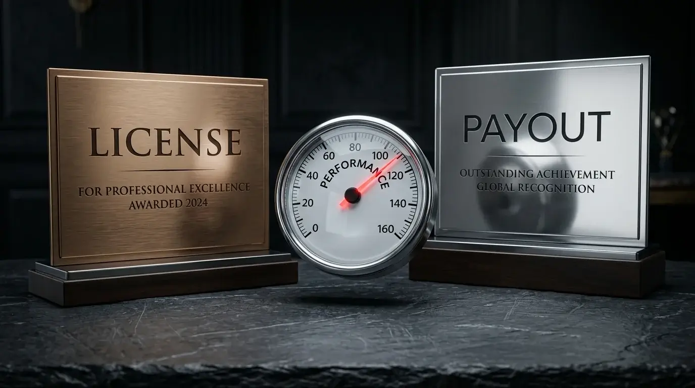 Two stylised badge plaques side by side at different heights with a small speed-indicator gauge between