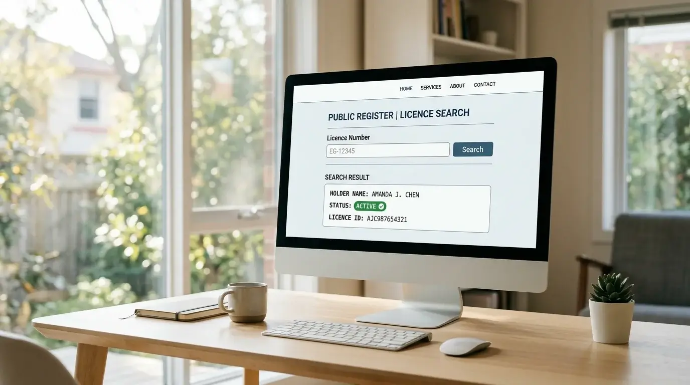 Public licence register search screen used to verify a CGA authorisation