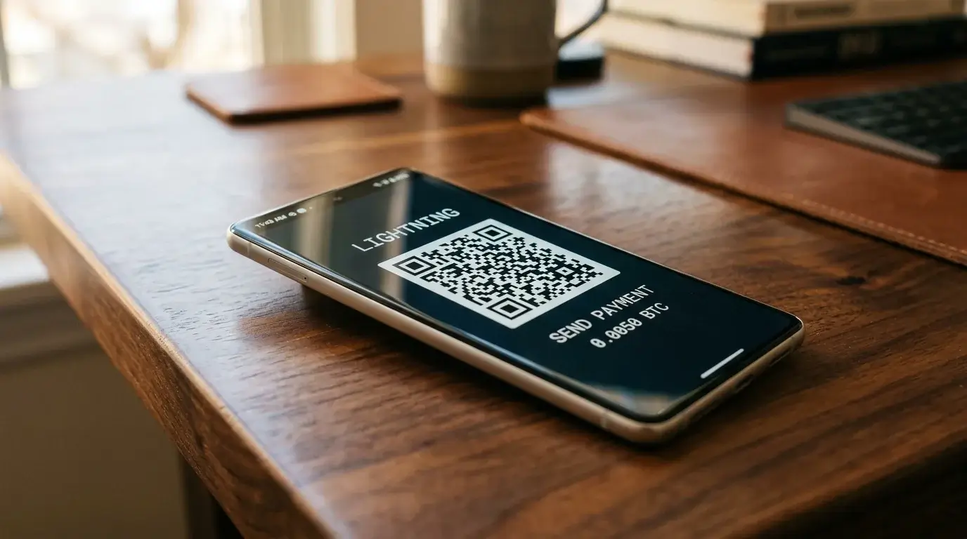 Smartphone displaying a Lightning Network payment screen for an offshore casino deposit