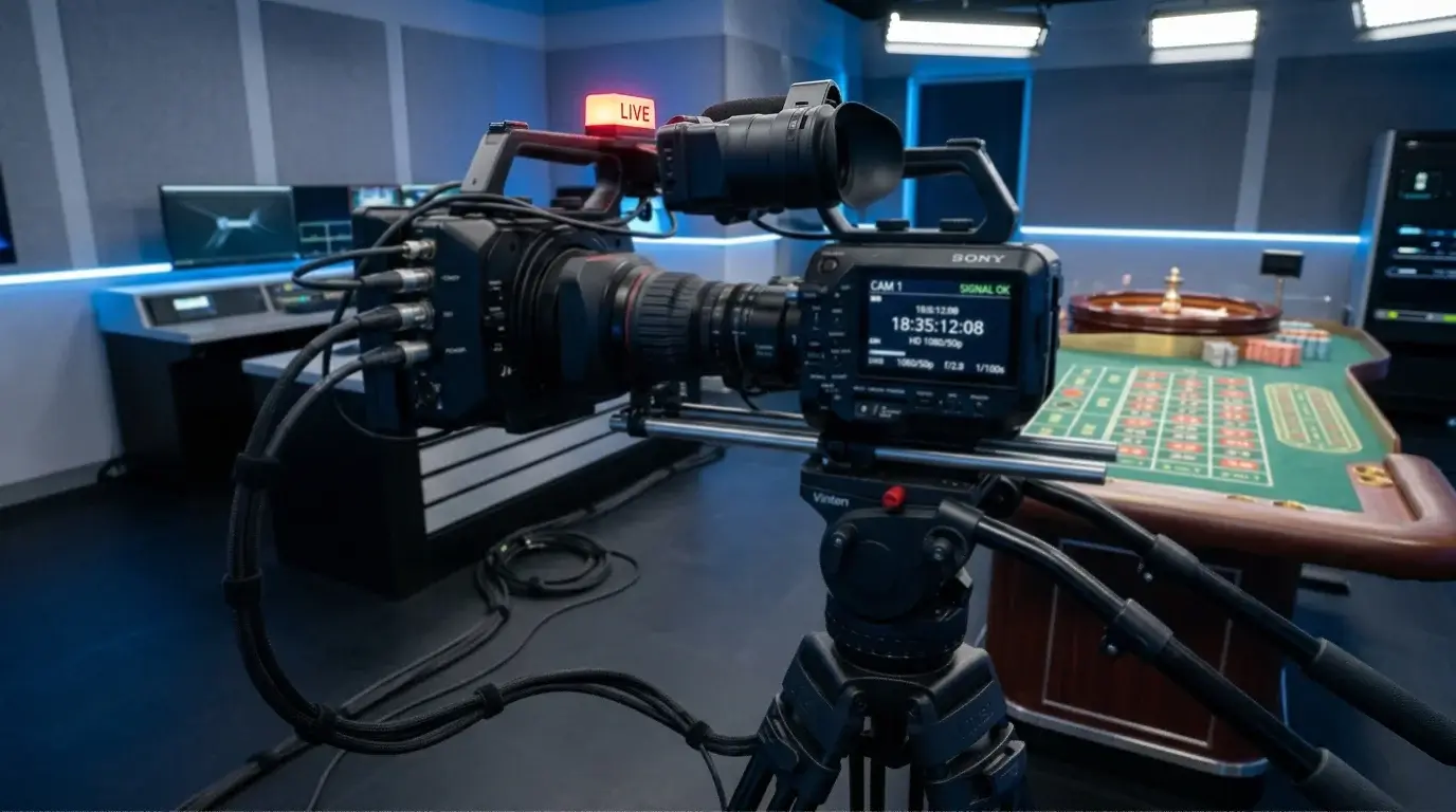 Broadcast camera mounted on tripod facing a live roulette table in studio darkness