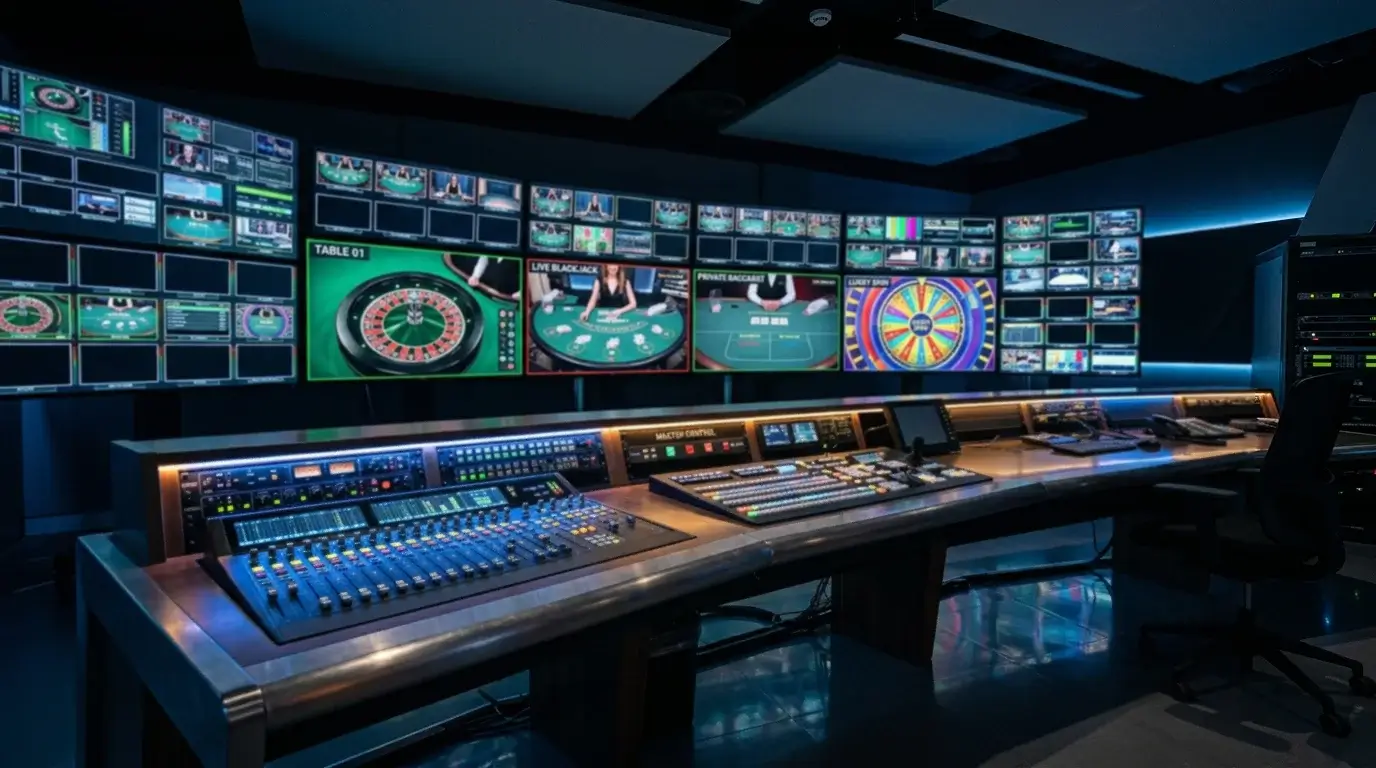 Live casino broadcast studio control room with multiple feed monitors and mixing desk