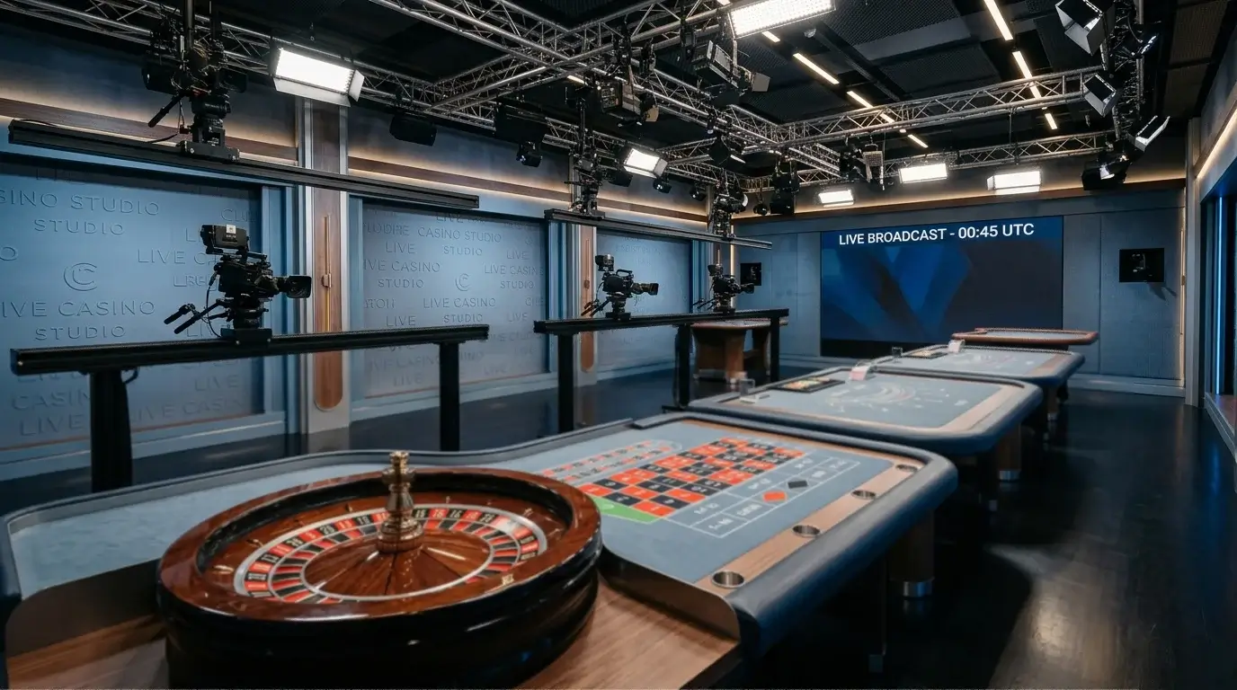 Row of live casino broadcast tables seen across a wide studio floor in editorial wide shot