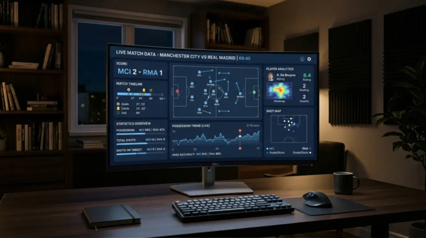 Monitor displaying live football match data feed with sparkline charts and live event markers