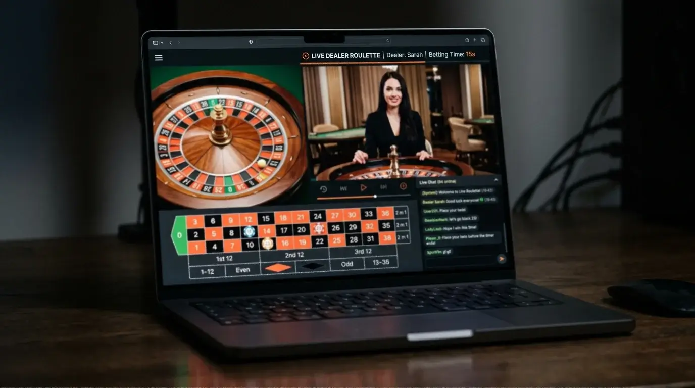 Live dealer table screenshot with chat panel overlay shown beside the gaming area