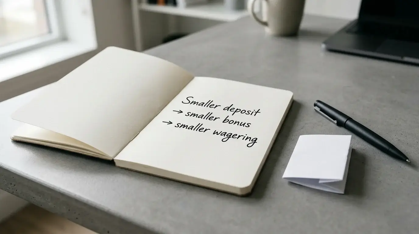 Notes pad illustrating how a small deposit affects bonus wagering volume