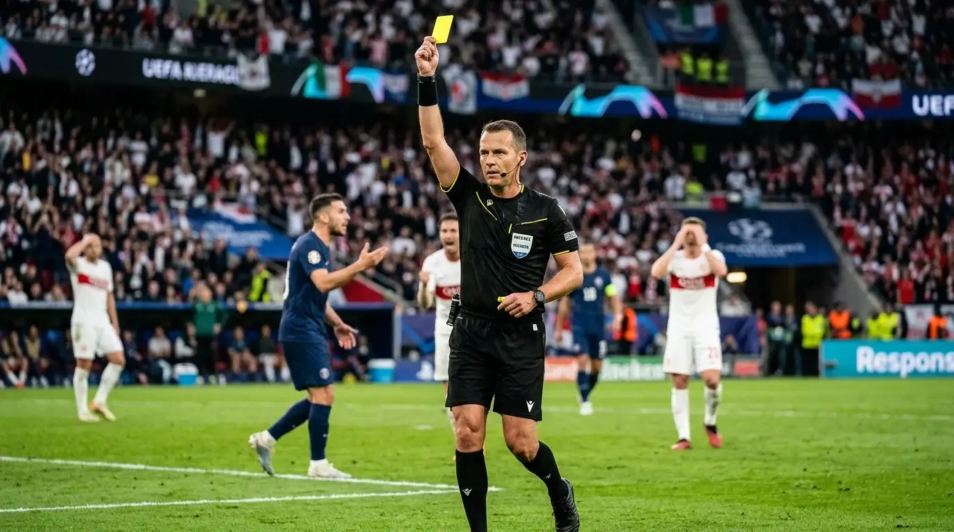 Football referee showing a yellow card on the pitch in tightly framed action photograph