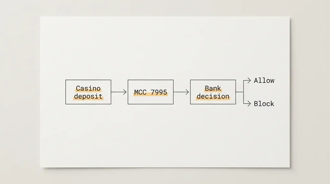 Diagram showing how a challenger bank categorises a casino merchant under MCC 7995