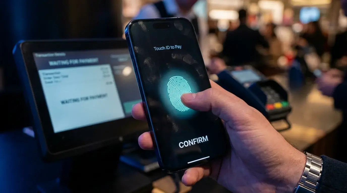 Smartphone showing a biometric fingerprint authentication prompt over a payment confirmation screen
