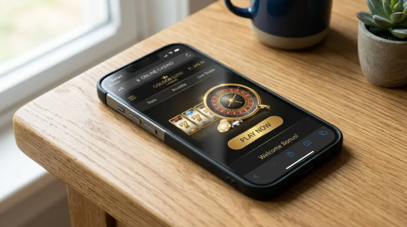 Smartphone on a desk showing a mobile browser address bar with a casino homepage loaded