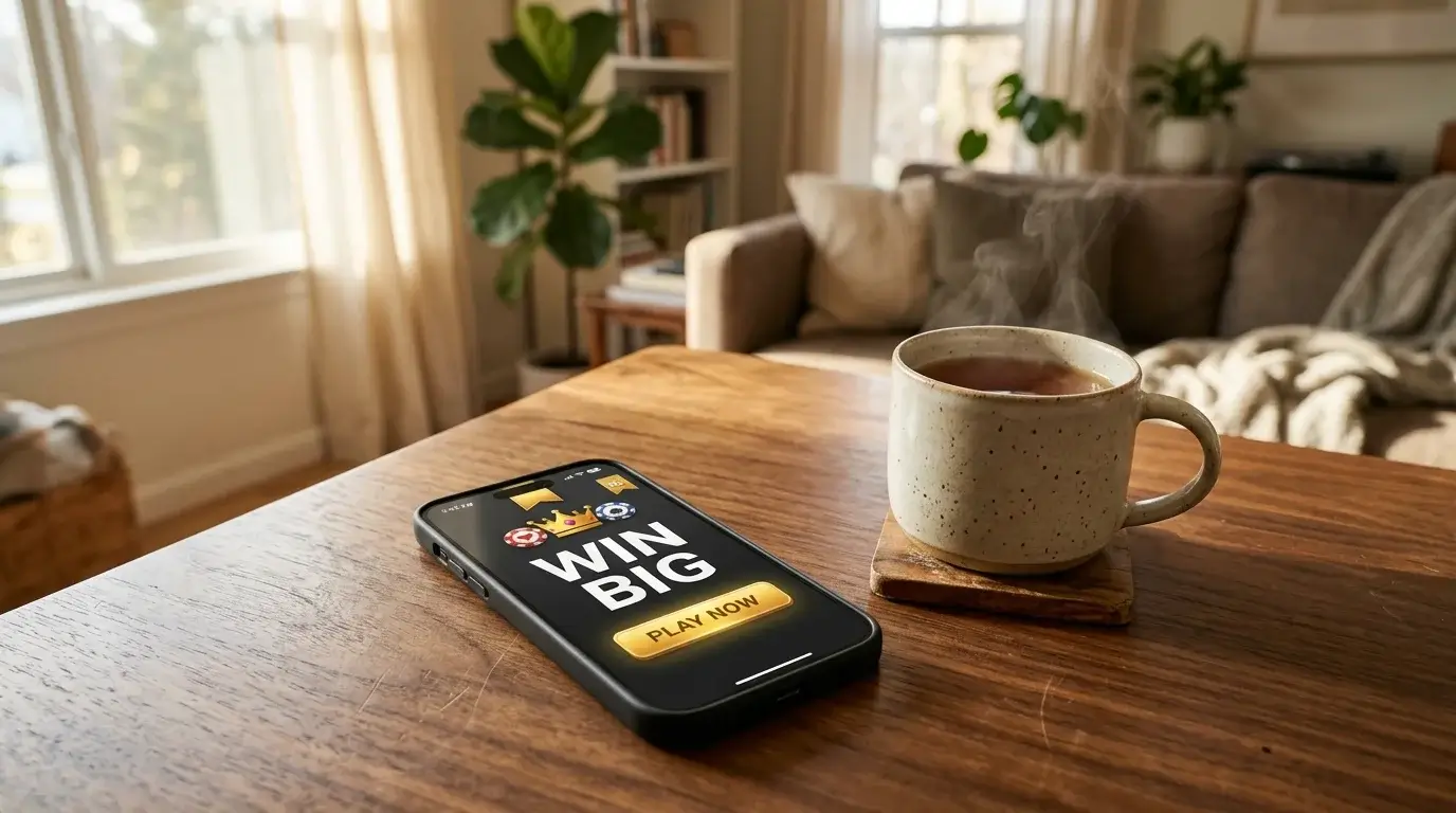 Smartphone resting on a coffee table beside a mug, screen lit with a casino lobby interface