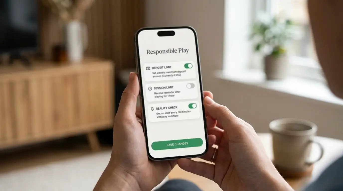 Smartphone displaying a responsible-gambling settings page with toggles for deposit and session limits