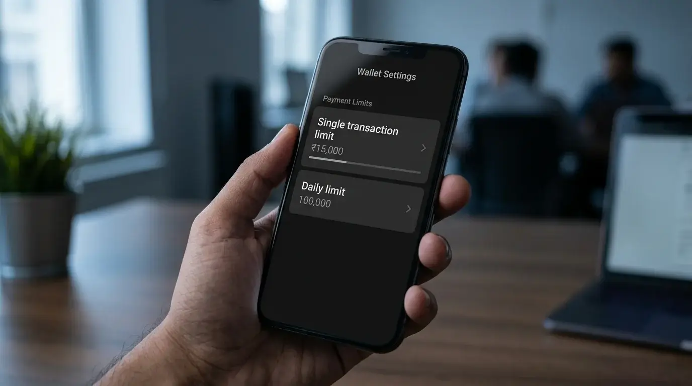 Smartphone screen showing mobile wallet transaction limits and settings