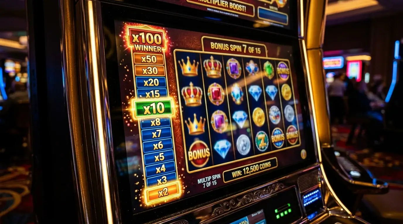 Slot bonus screen showing a tall vertical multiplier ladder ascending in segments