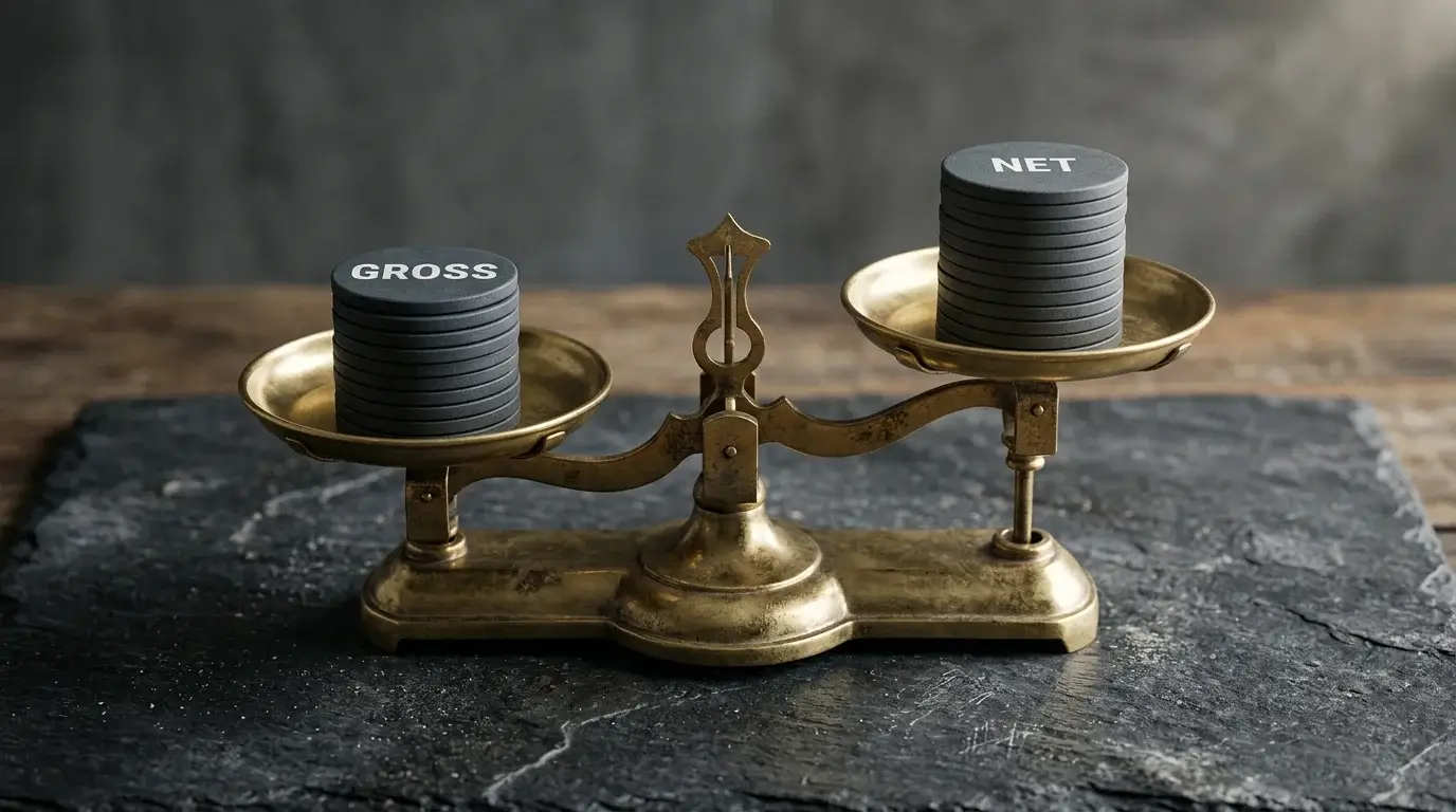 A balance scale weighing two stacks of plain tokens against each other to illustrate net versus gross