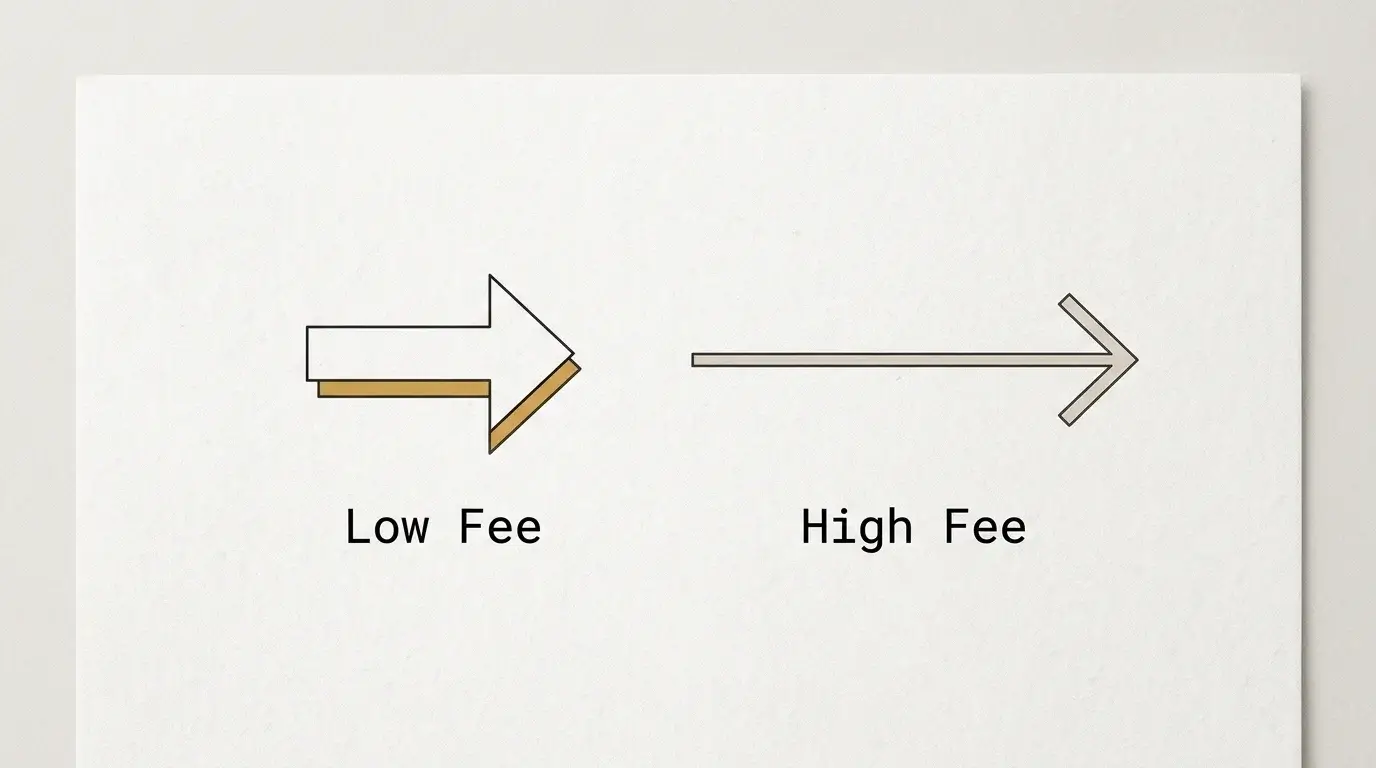 Minimal comparison illustration of low-fee versus high-fee blockchain network choices