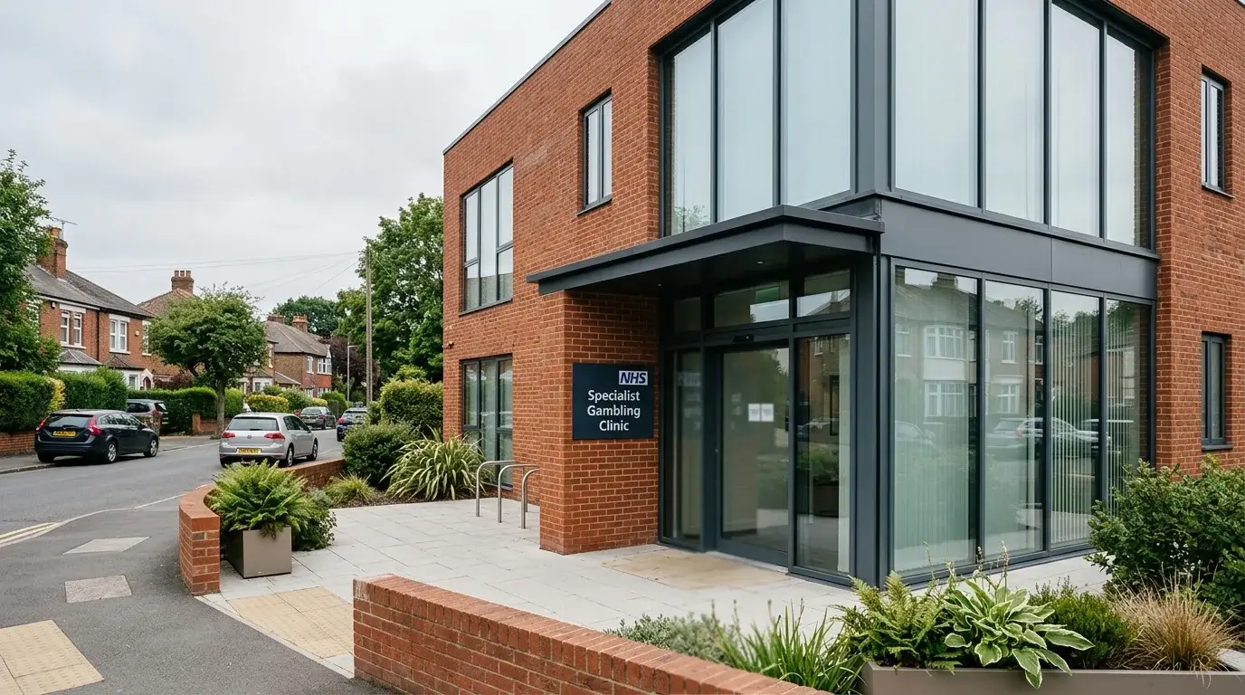 Exterior of an NHS specialist gambling treatment clinic in England, part of the network funded by the 2025 statutory levy
