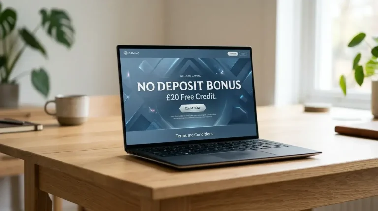 Non-GamStop casino welcome screen displaying a no-deposit bonus offer with terms and conditions visible