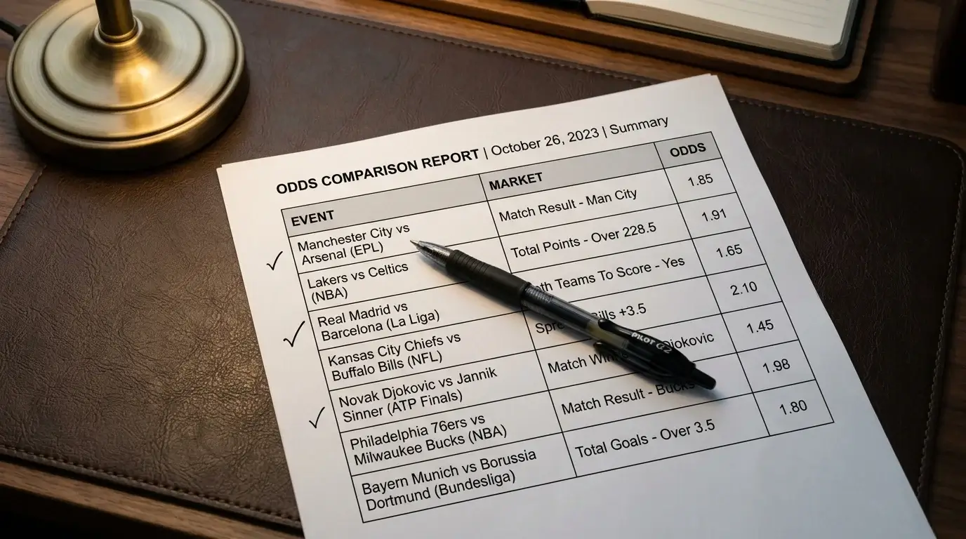 Printed odds comparison report on desk with pen annotations highlighting key rows