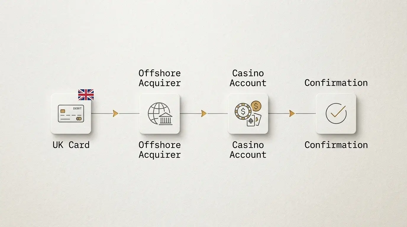 Flow diagram showing offshore acquirers routing card payments outside the UKGC perimeter