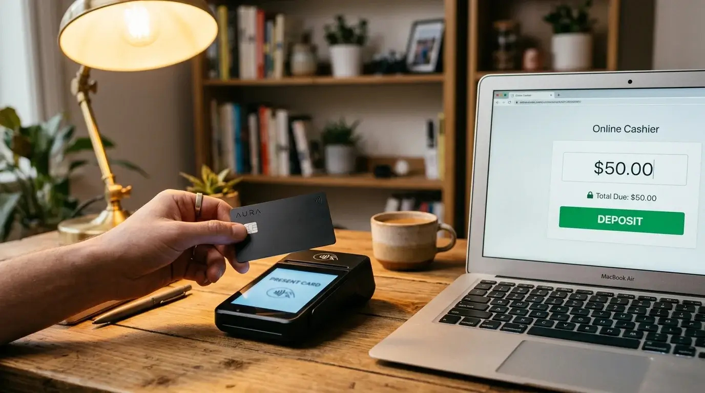 Generic payment card chip being tapped on a card terminal beside a laptop showing an offshore casino cashier page