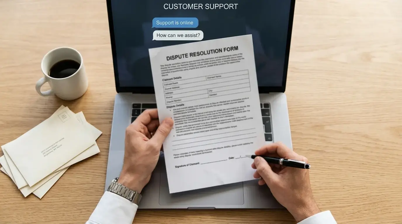 Hands holding a complaint form and a pen above a laptop showing a casino support chat window
