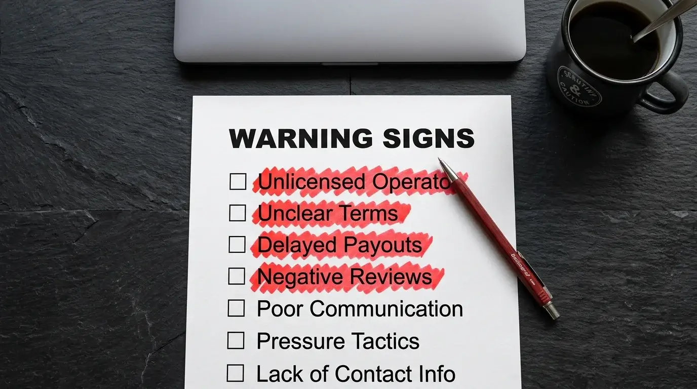 Printed checklist of warning signs on a desk with a red marker highlighting key clauses on a terms of service page