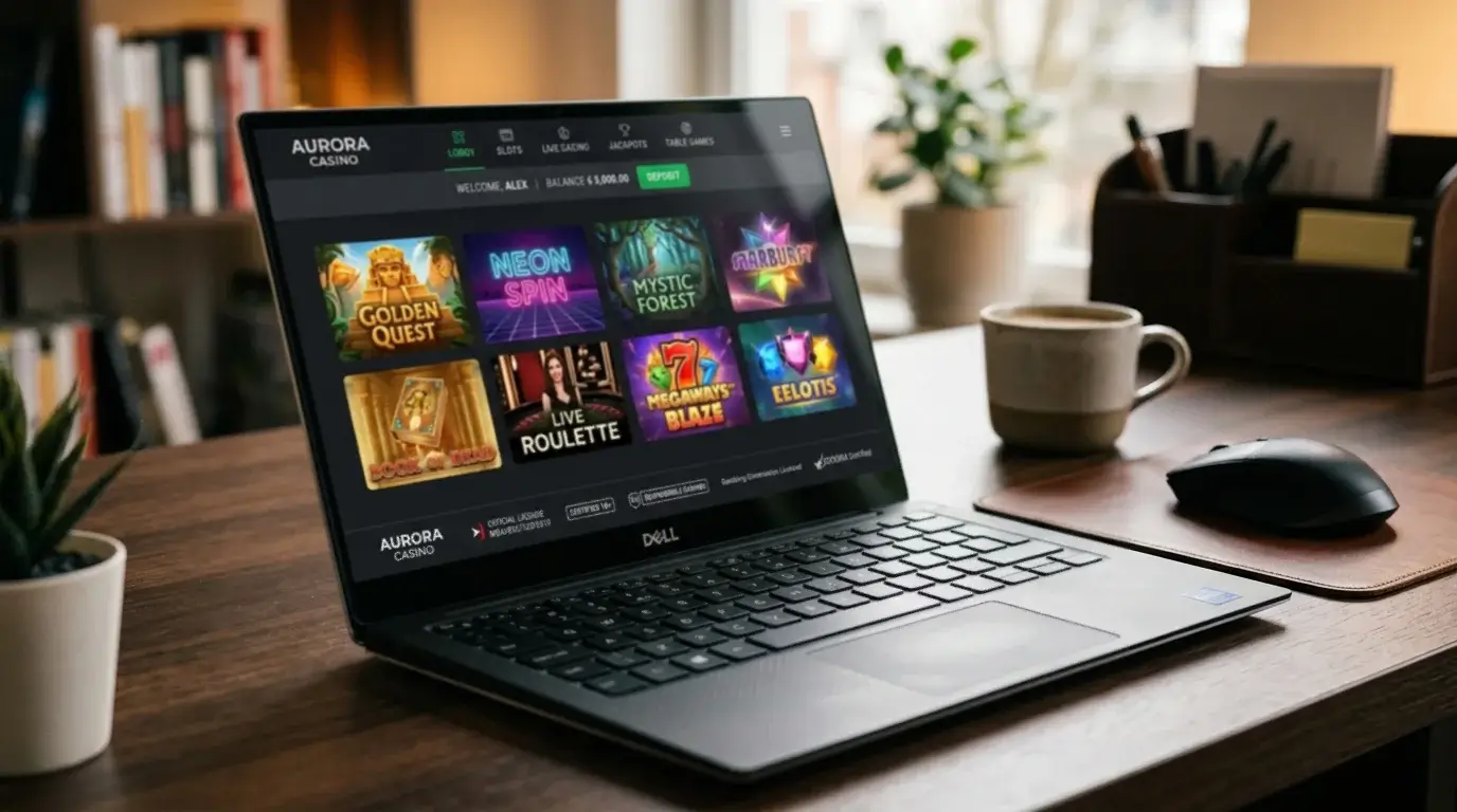 Laptop screen showing an offshore casino lobby with slot tiles and a small jurisdiction footer logo