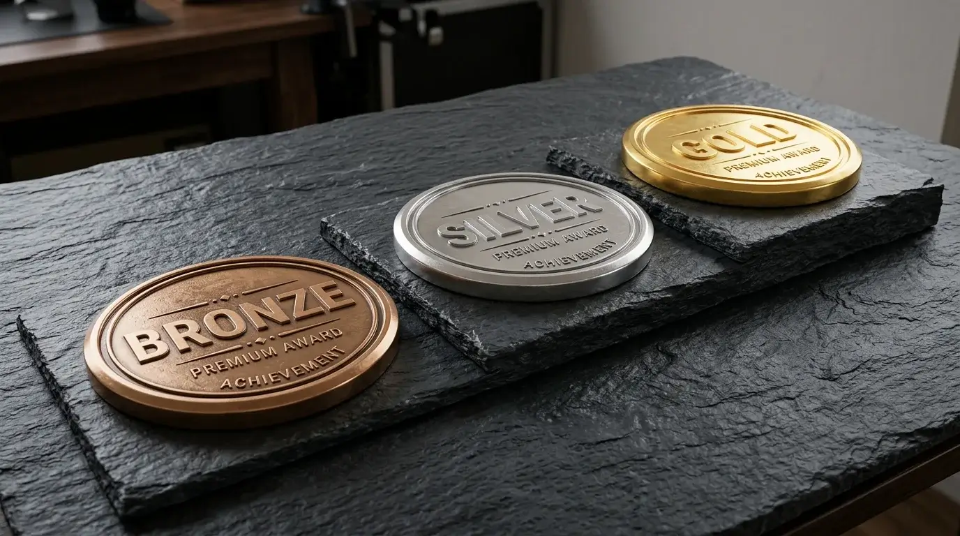 Three stylised licence-badge plaques arranged in a row at progressively rising heights