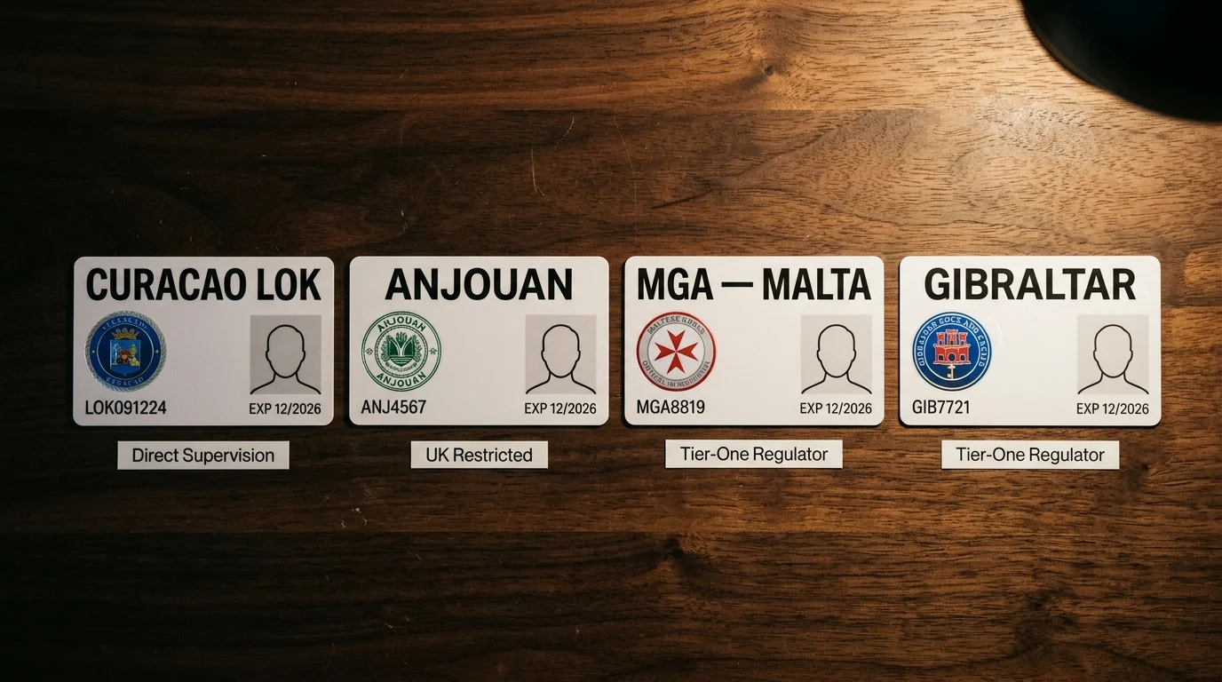 Side-by-side visualisation of Curaçao LOK, Anjouan, MGA and Gibraltar licences and what each offers UK players