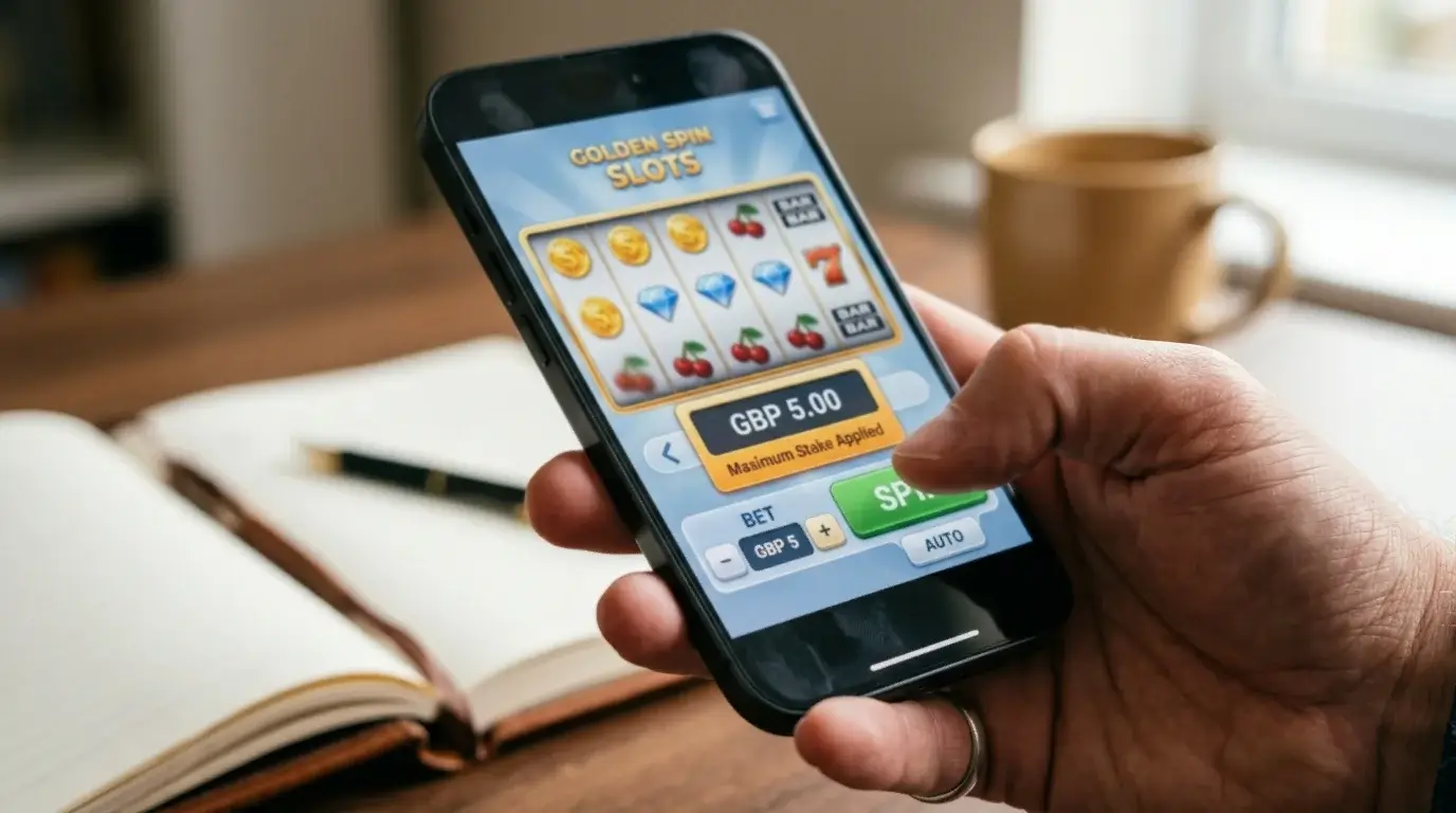 Close-up of a phone screen showing a five-pound stake field on an online slot game with a warning notice