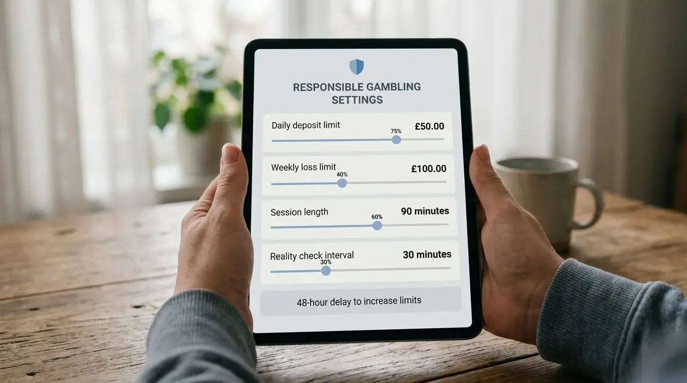 Player setting deposit and session limits in the responsible-gambling section of an offshore casino account on a tablet