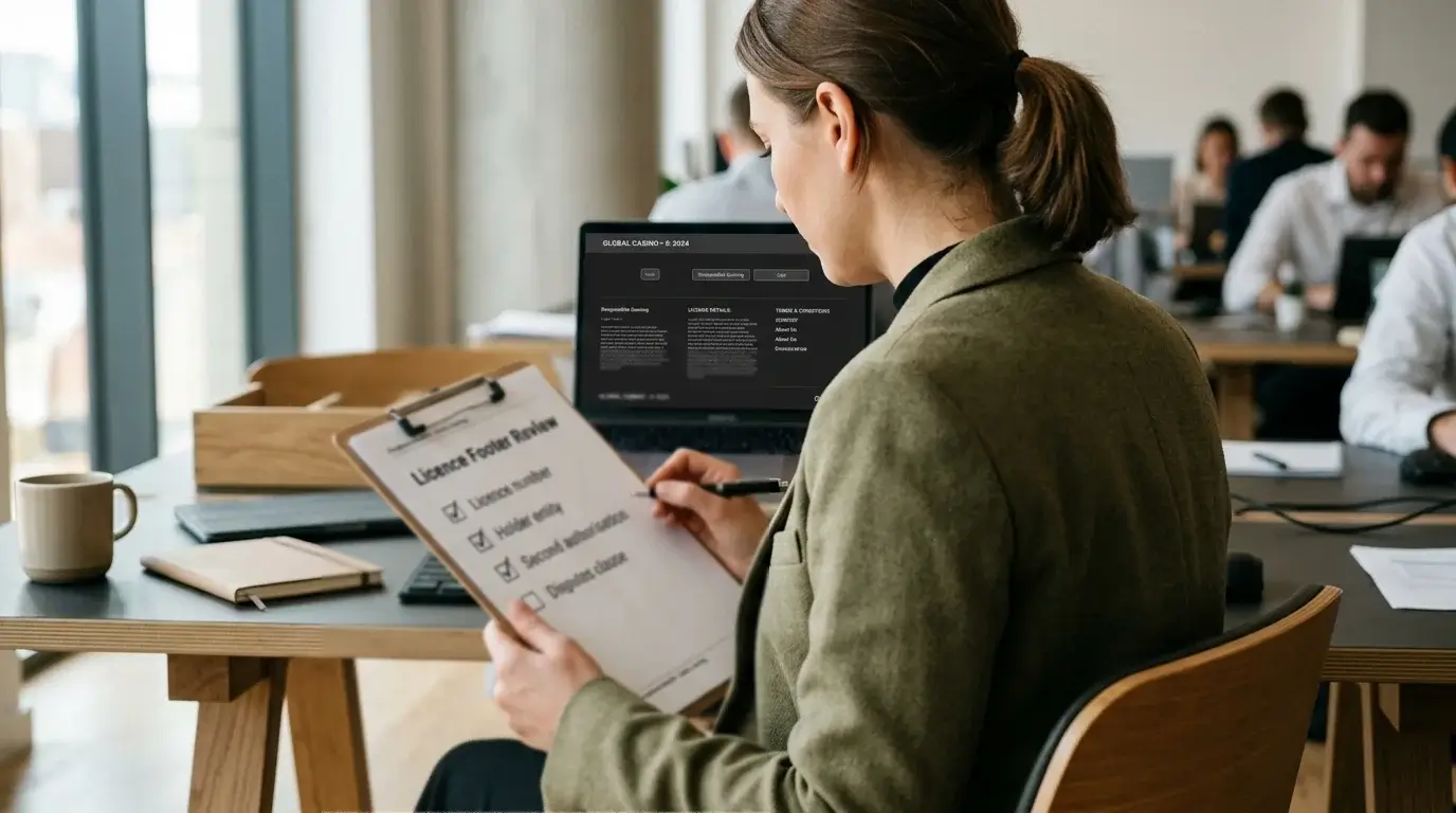 Compliance officer reviewing an offshore casino footer for licence transparency
