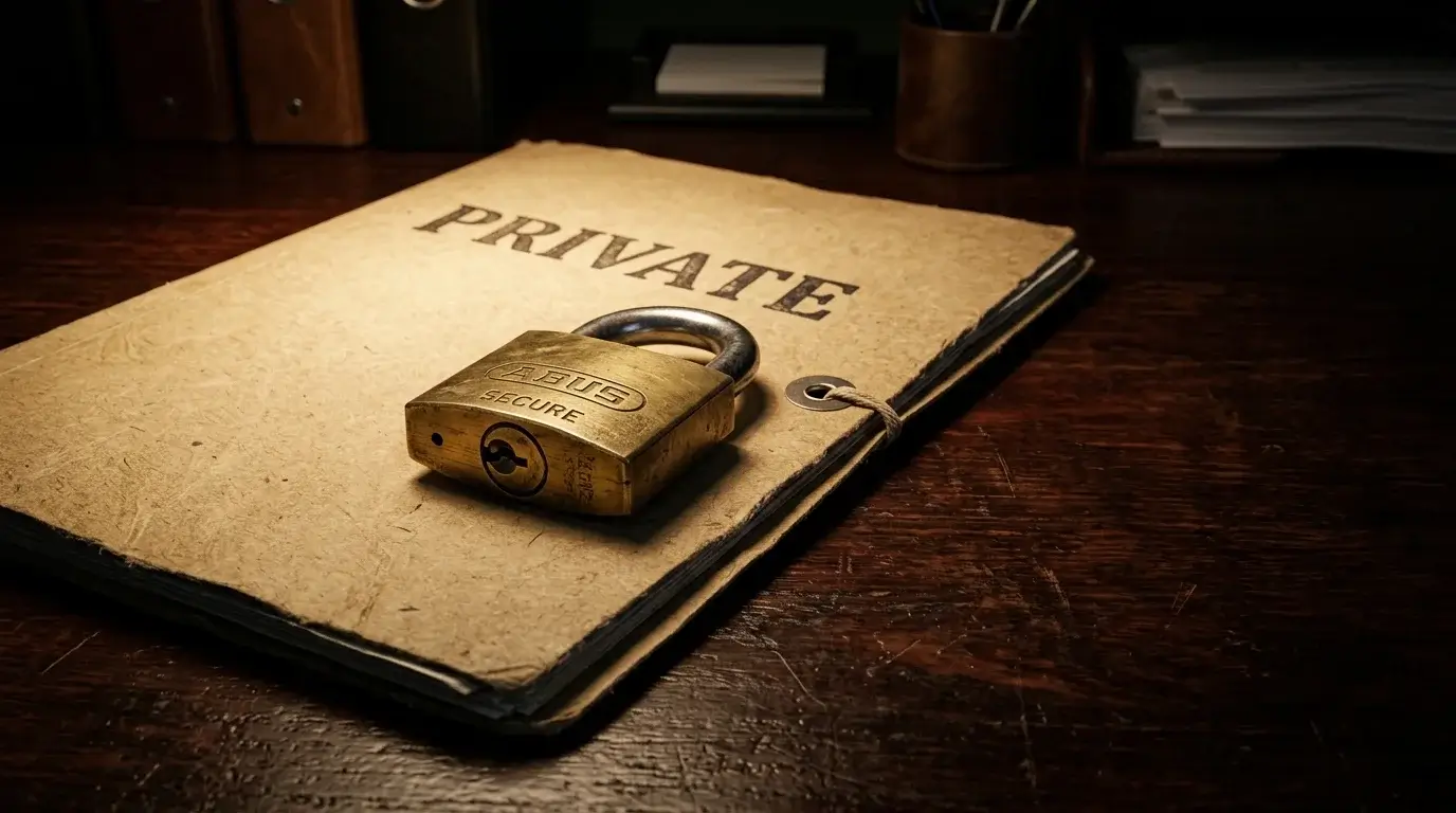 Small brass padlock resting on a folder of papers symbolising frozen account balance