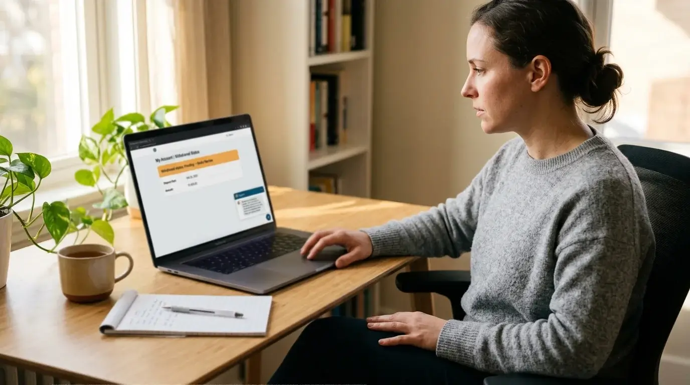 Player at a laptop showing a pending withdrawal under operator review at a non-GamStop casino with support chat open