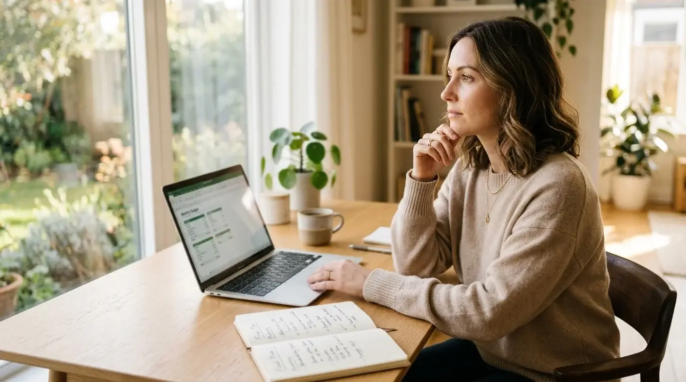 Adult player at a laptop pausing thoughtfully with one hand on the trackpad and a notebook beside