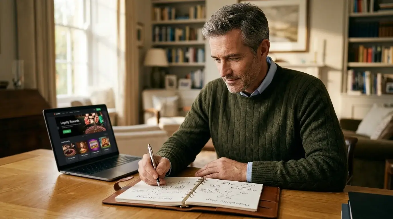 Adult player at a desk thoughtfully reviewing handwritten notes beside a laptop with a casino lobby visible